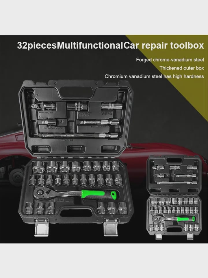 32pc Quick Ratchet Wrench Set w Spark Plug Sockets - Car & Motorcycle Repair